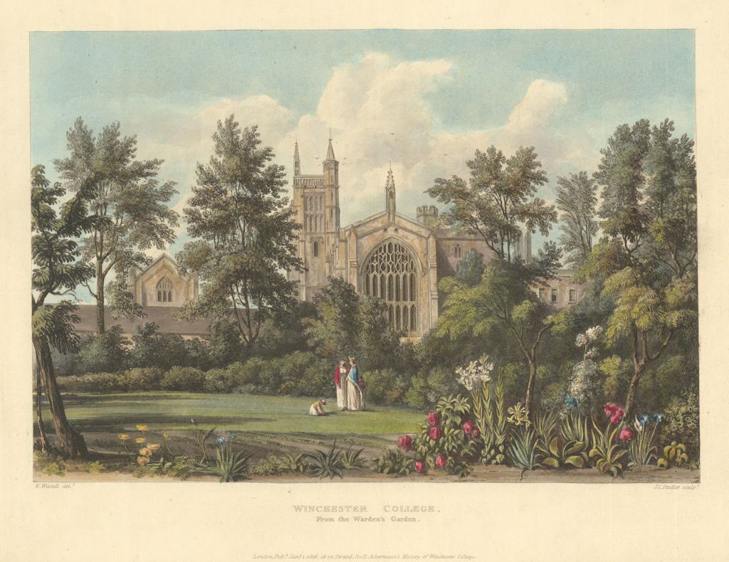 Winchester College, from the Warden's Garden. Ackermann's schools 1816 print